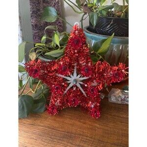 Vintage Red Star Light with Tinsel Christmas Tree Topper